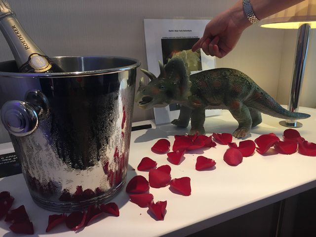 When I booked my hotel a few months ago, I put in a few special requests as a joke... Champagne, roses and a plastic dinosaur. Then I totally forgot that I'd made that request. Absolutely lost my shit when I checked into my room today.